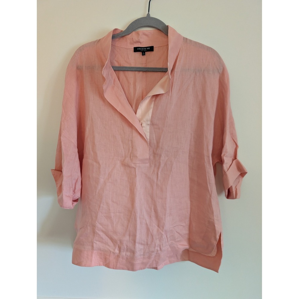 Lafayette 148 Peach 100% Linen Satin Trim V-Neck Tunic Top Large beachy coastal